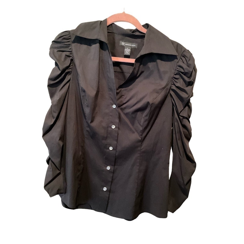 INC Button-Up Shirt Women's‎ 8 Black Long Puff Sleeve Collared Diamond Buttons